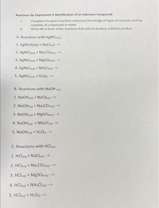 Solved Reactions for Experiment 2 Identification of an | Chegg.com