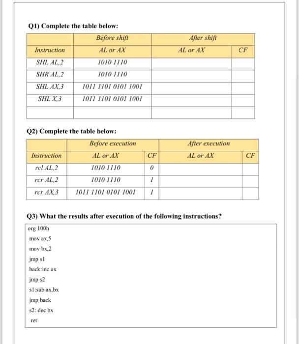 Solved Q1) Complete the table below: Q2) Complete the table | Chegg.com