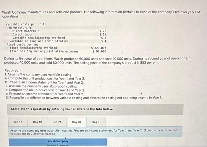 Solved Walsh Company Manufactures And Sells One Product. The | Chegg.com