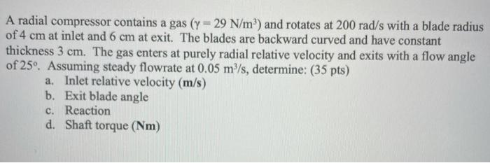 Solved A radial compressor contains a gas (y = 29 N/m?) and | Chegg.com
