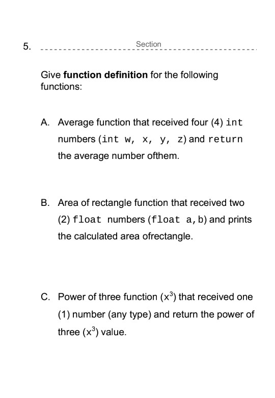 Solved 5. Section Give function definition for the following | Chegg.com