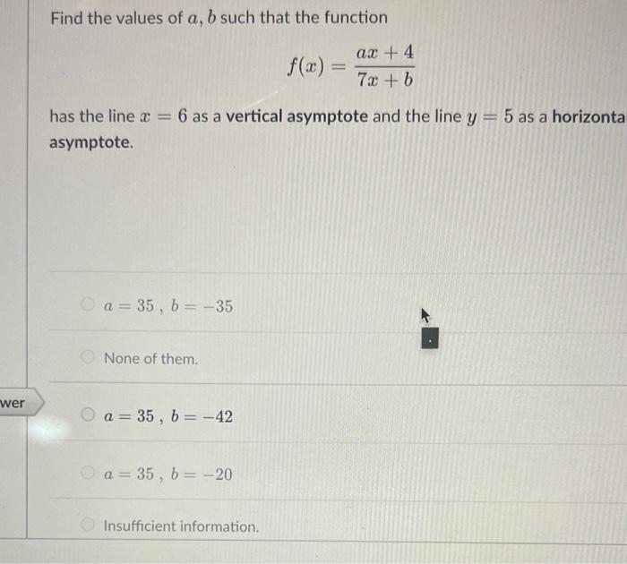 Find the values of \( a, b \) such that the function
\[
f(x)=\frac{a x+4}{7 x+b}
\]
has the line \( x=6 \) as a vertical asym