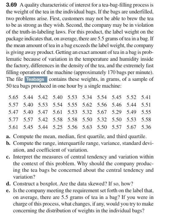Solved 3.69 A quality characteristic of interest for a | Chegg.com