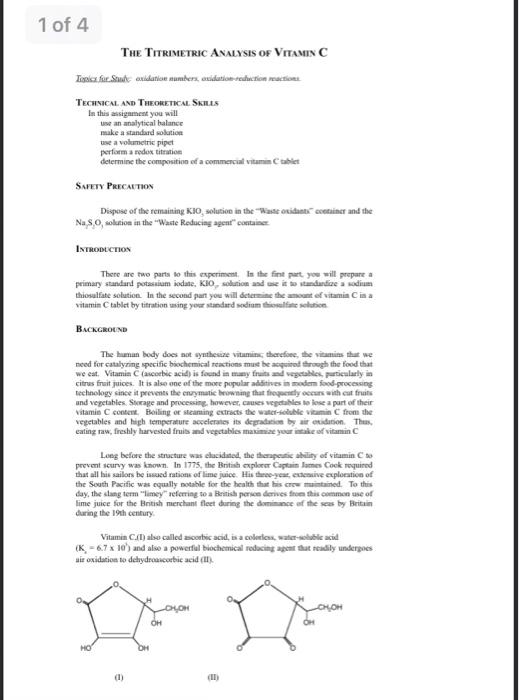 Solved 1 of 4 THE TITRIMETRIC ANALYSIS OF VITAMIN C Tools