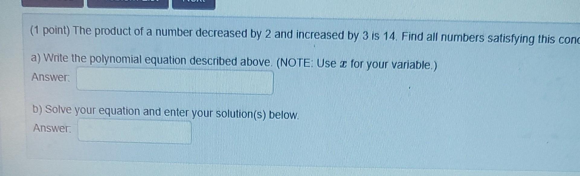 Solved (1 point) The product of a number decreased by 2 and | Chegg.com