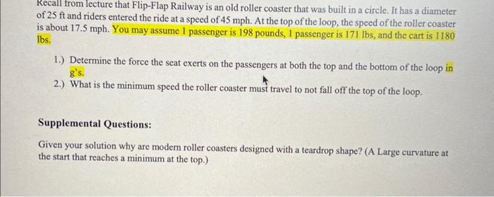 Solved) - Recall from Exercise 2-17 that the Roller Coaster