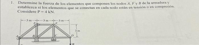 Determine la fuerza de los elementos que componen los nodos \( A, F \) y \( B \) de la armadura y establezca si los elementos