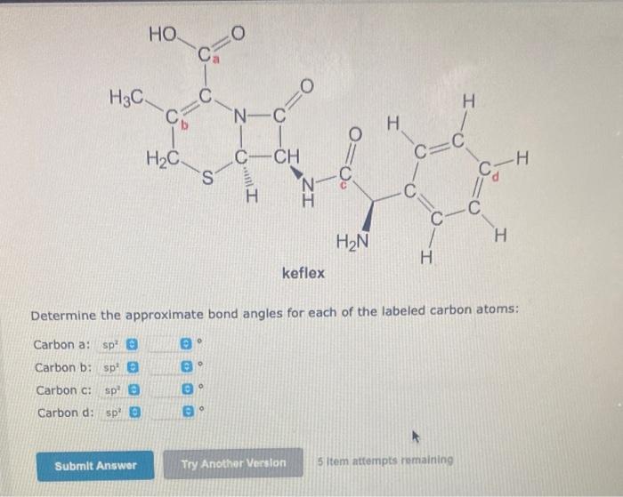 Determine the approximate bond angles for each of the labeled carbon atoms:
\begin{tabular}{l|l|l} 
Carbon a: & 0 \\
Carbon b