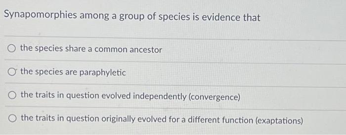 Solved Synapomorphies among a group of species is evidence | Chegg.com