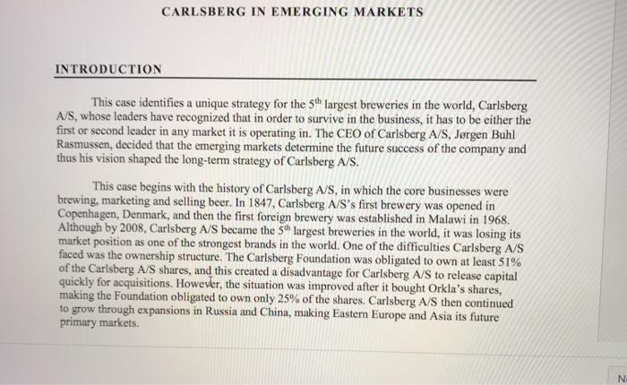 Solved CARLSBERG IN EMERGING MARKETS INTRODUCTION This case | Chegg.com