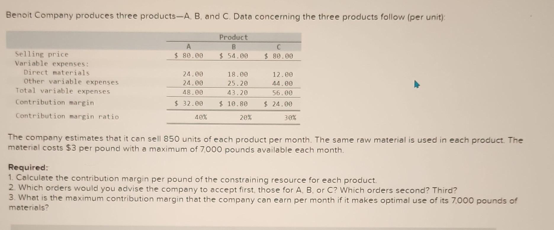 Solved Benoit Company produces three productsA. B, and C.