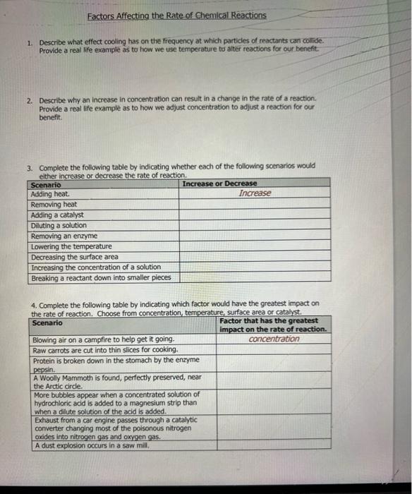 Solved Factors Affecting the Rate of Chemical Reactions 1.