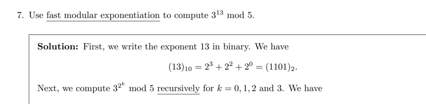 Solved 7. Use Fast Modular Exponentiation To Compute | Chegg.com