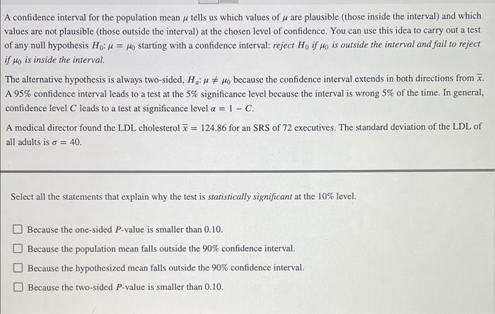 Solved A confidence interval for the population mean μ tells | Chegg.com