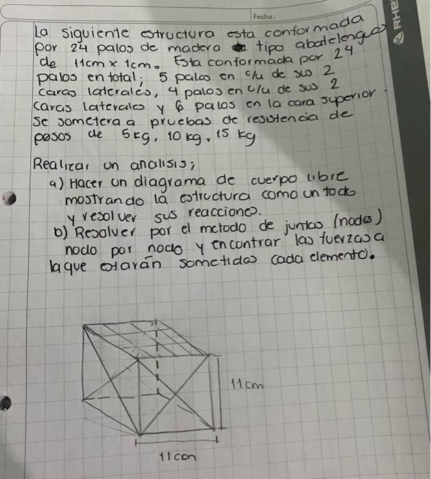 La siguiente estructura esta conformale por 24 palos de madera tipo abatele 24 de \( 11 \mathrm{~cm} \times 1 \mathrm{~cm} \)