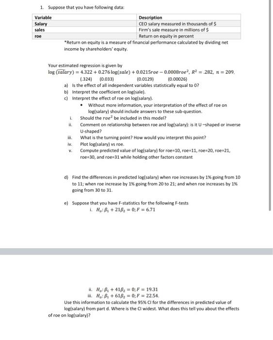 Solved 1. Suppose That You Have Following Data: Variable | Chegg.com