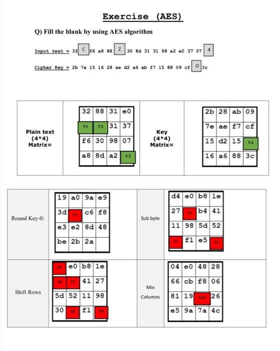 Q) Fill the blank by using AES algorithm
Input text \( =32 \mathrm{C} f 6 \mathrm{aB} 88 \quad 30 \) 8d \( 313198 \mathrm{a2}