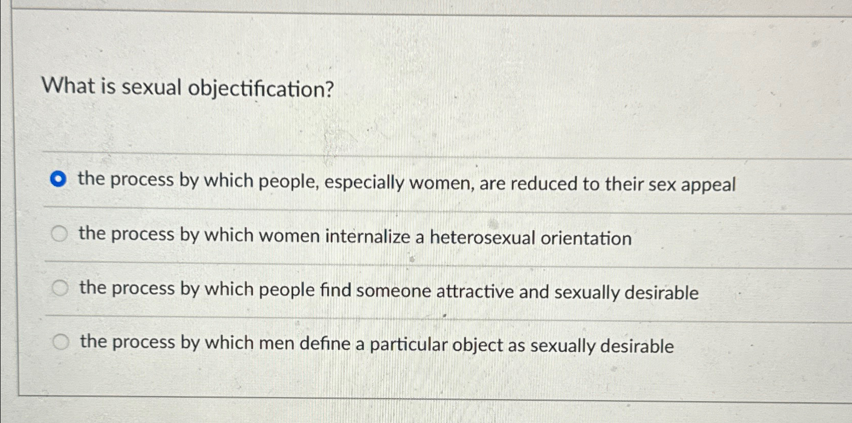 Solved What is sexual objectification?the process by which | Chegg.com