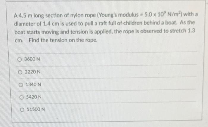 Solved A4,5 m long section of nylon rope (Young's modulus = | Chegg.com