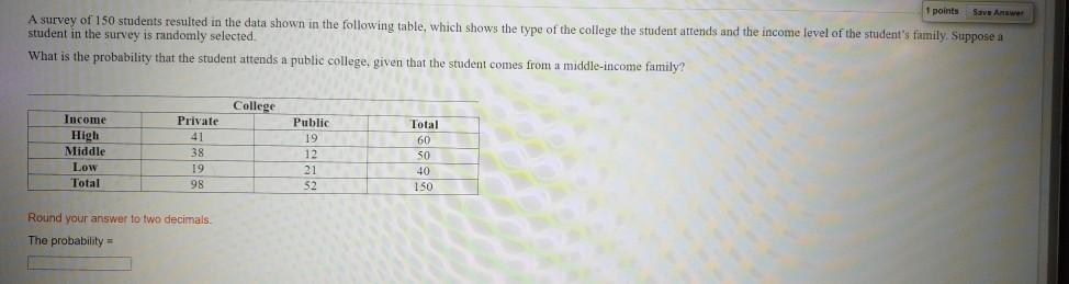 Solved 1 points Save Answer A survey of 150 students | Chegg.com