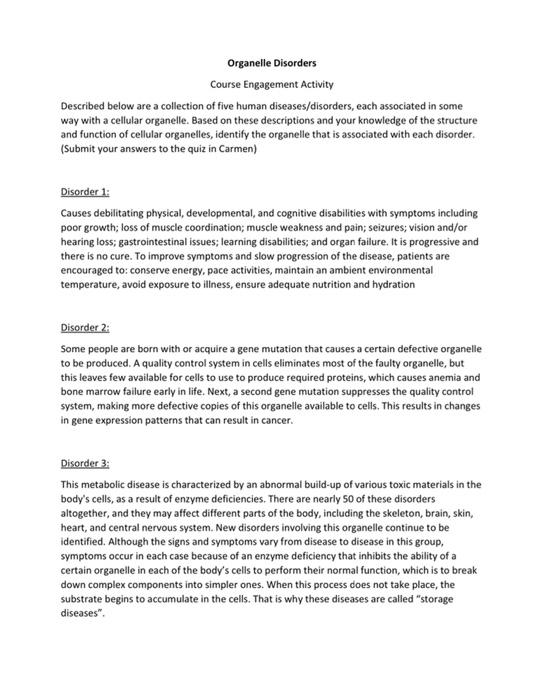 Organelle Disorders Course Engagement Activity