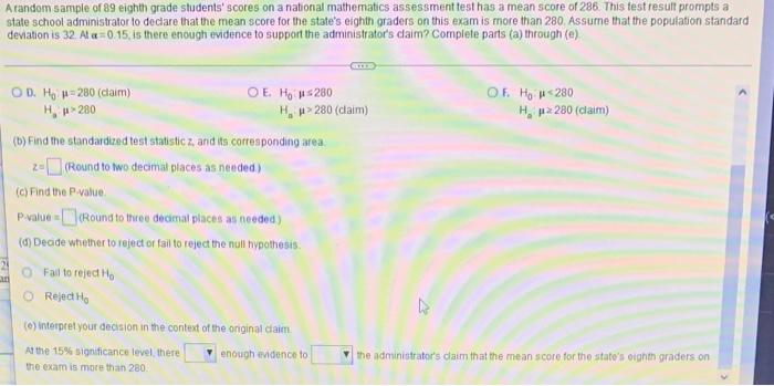 Solved A random sample of 89 eighth grade students' scores | Chegg.com