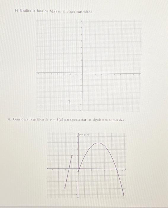 b) Gráfica la función \( h(x) \) en el plano cartesiano. 6. Considera la grifica de \( y=f(x) \) para contestar los siguiente