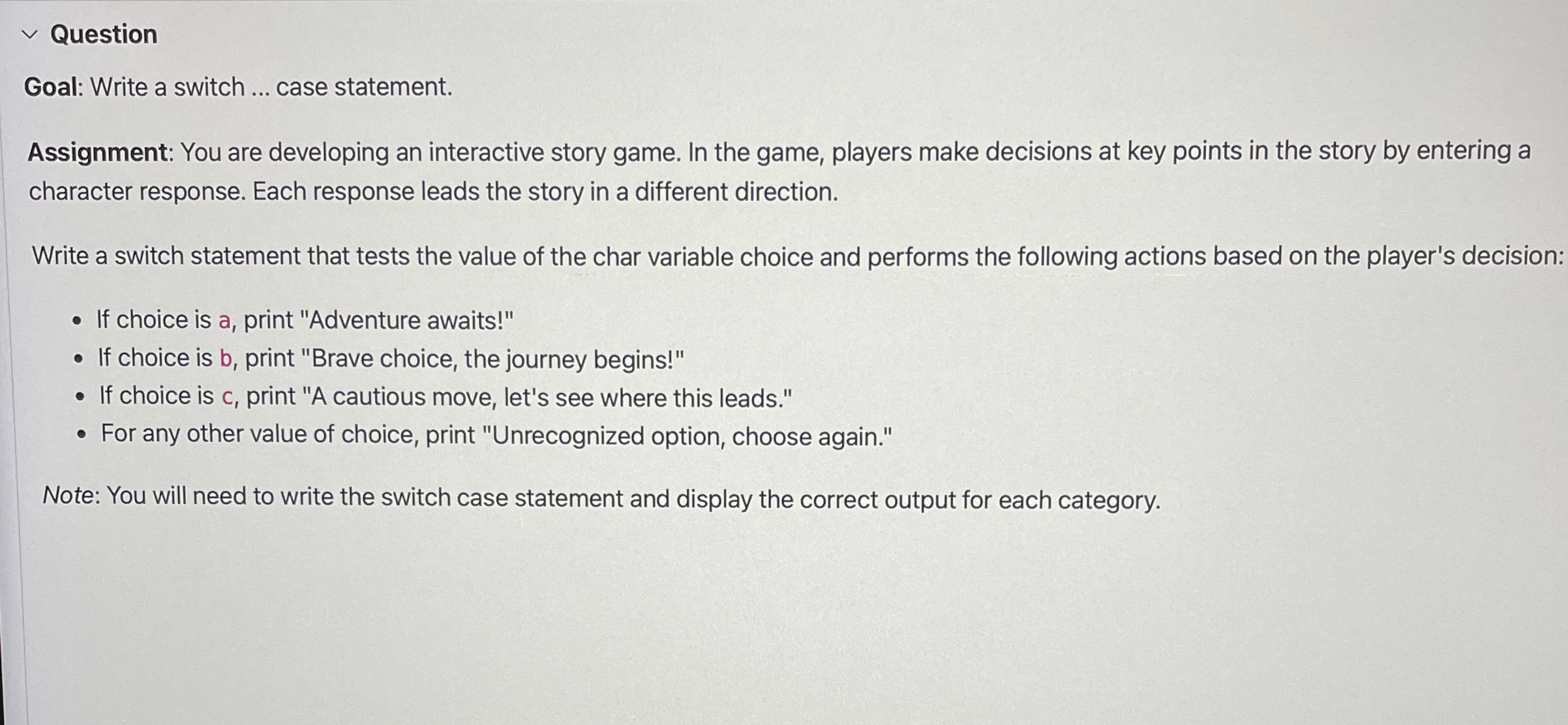 Solved QuestionGoal: Write a switch ... ﻿case | Chegg.com