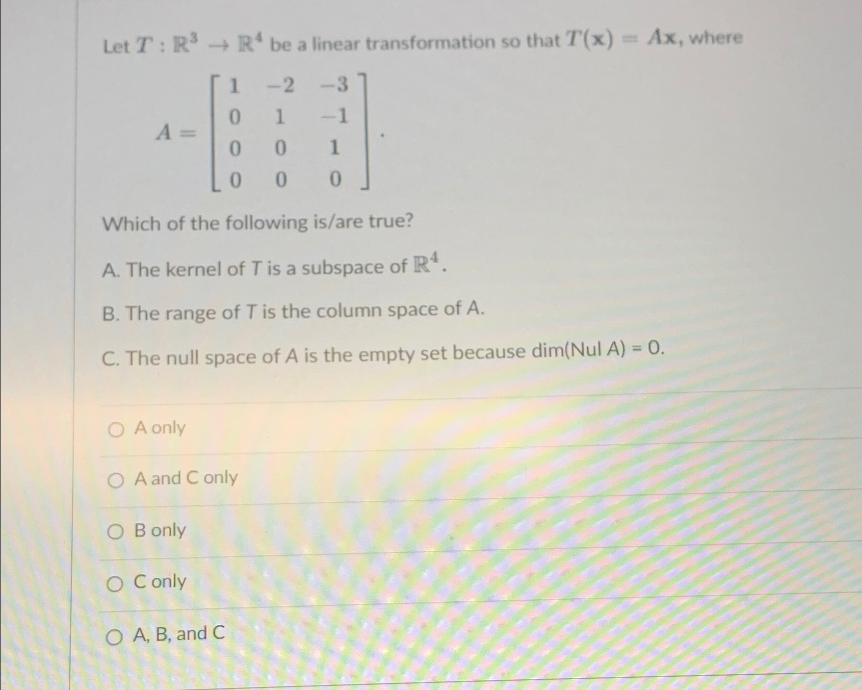 Solved Let T:R3→R4 ﻿be a linear transformation so that | Chegg.com
