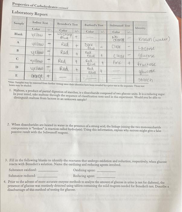 Solved Properties of Carbohydrates continued Laboratory | Chegg.com