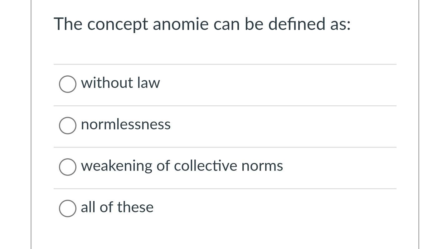 Solved The concept anomie can be defined as: O without law | Chegg.com