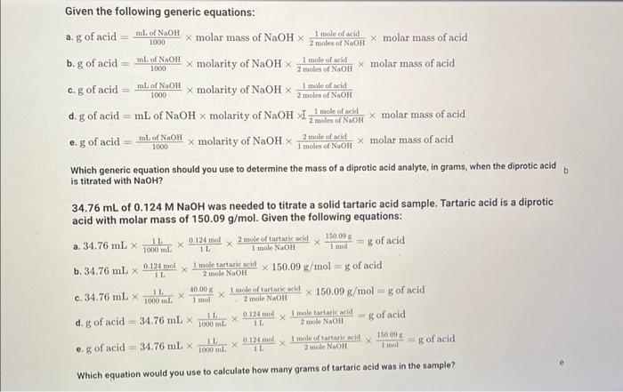 Solved Given the following generic equations: a. g of acid | Chegg.com