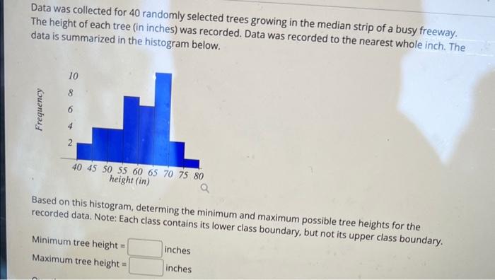 Data was collected for 40 randomly selected trees growing in the median strip of a busy freeway. The height of each tree (in 