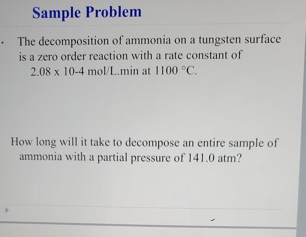 Solved Sample Problem The decomposition of ammonia on a | Chegg.com