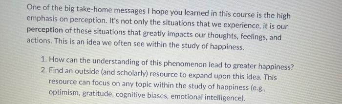 Solved One of the big take-home messages I hope you learned | Chegg.com