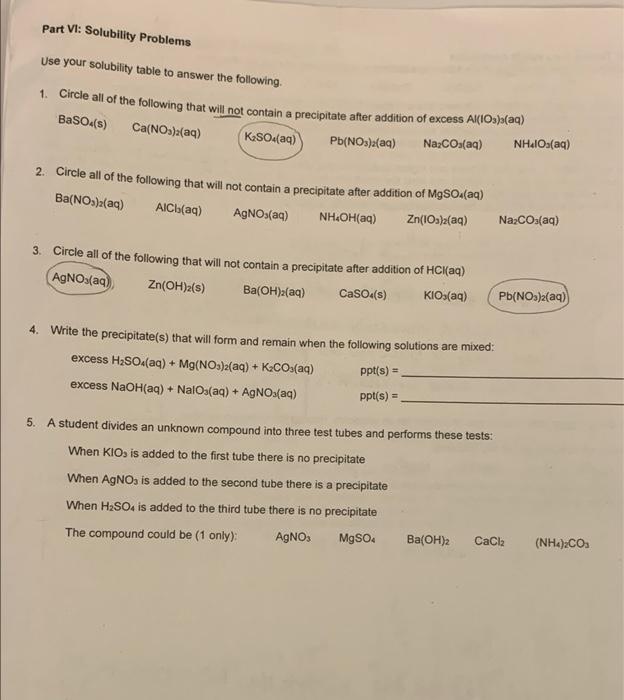 Solved Part Vi: Solubility Problems Use Your Solubility 