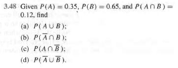 Solved Given P(A) = 0.35, P(B) = 0.65 and P(A B) = 0.12, | Chegg.com