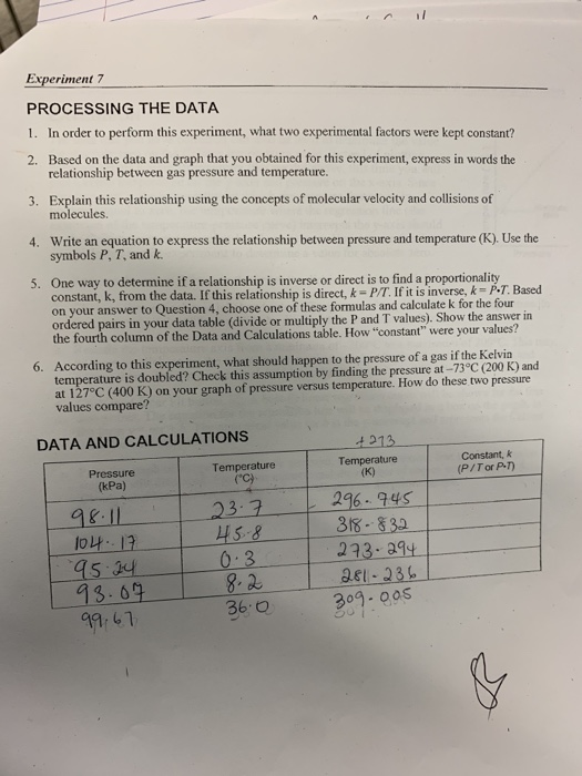 Experiment 7 PROCESSING THE DATA 1. In order to | Chegg.com
