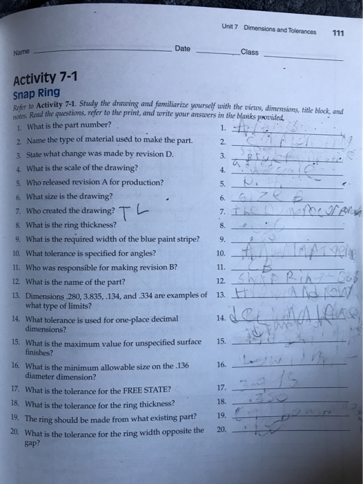 Unit 7 Dimensions and Tolerances 111 Date Name Class | Chegg.com