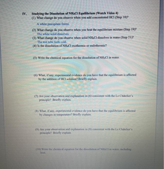 Solved IV. Studying the Dissolution of NH.CI Equilibrium | Chegg.com