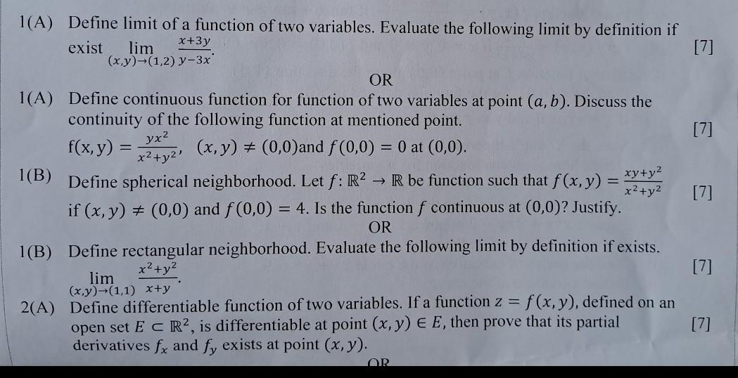 Solved (A) Define limit of a function of two variables. | Chegg.com