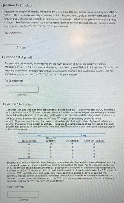 Solved Question 12 (1 point) Suppose the supply of money | Chegg.com