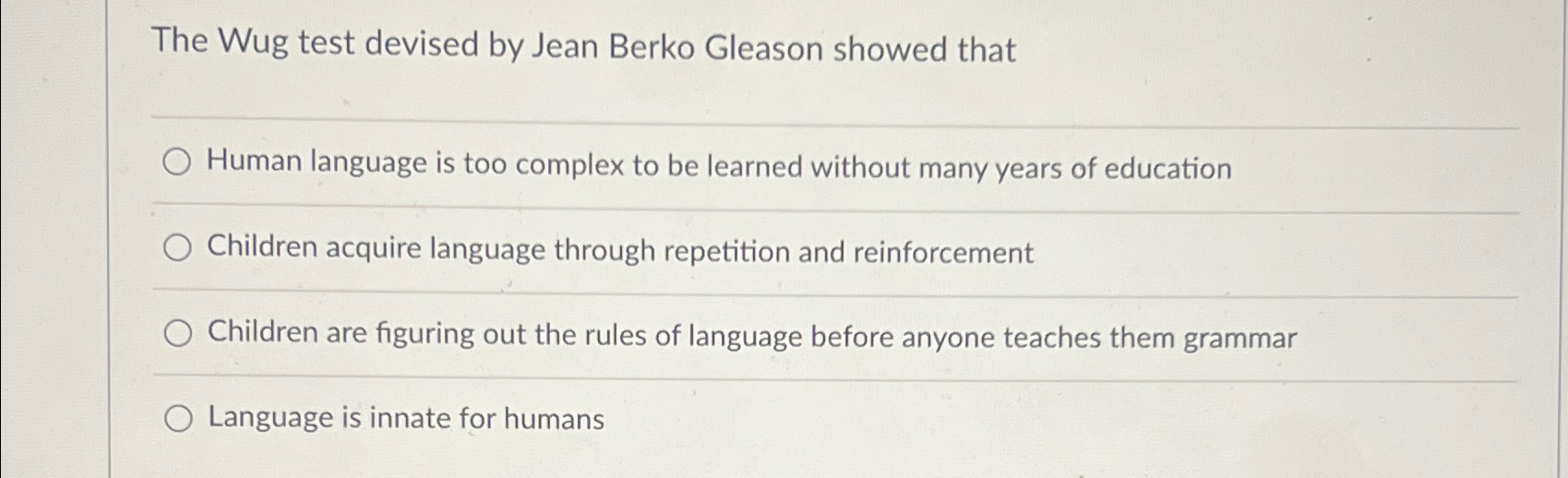 Solved The Wug test devised by Jean Berko Gleason showed | Chegg.com