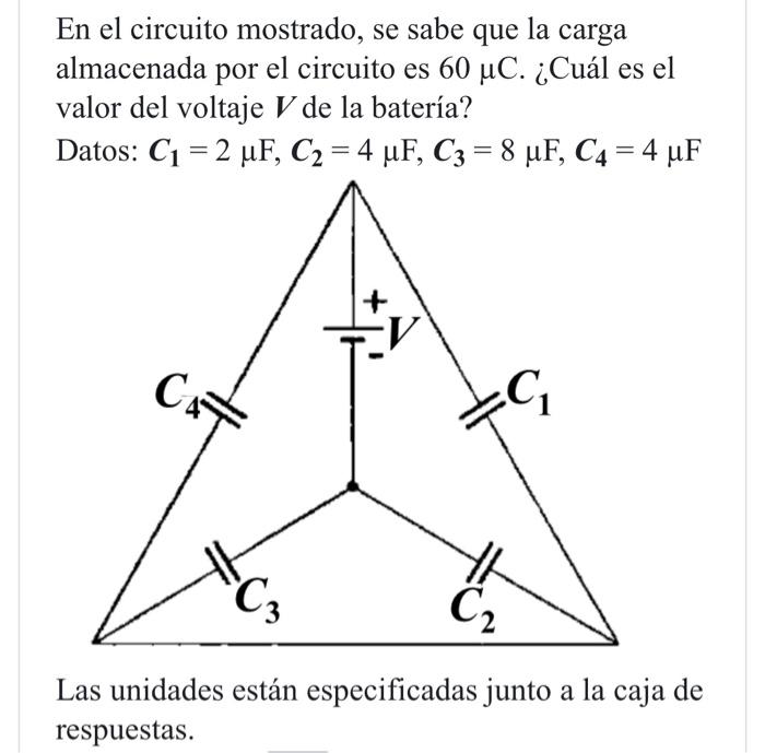 En el circuito mostrado, se sabe que la carga almacenada por el circuito es \( 60 \mu \mathrm{C} \). ¿Cuál es el valor del vo