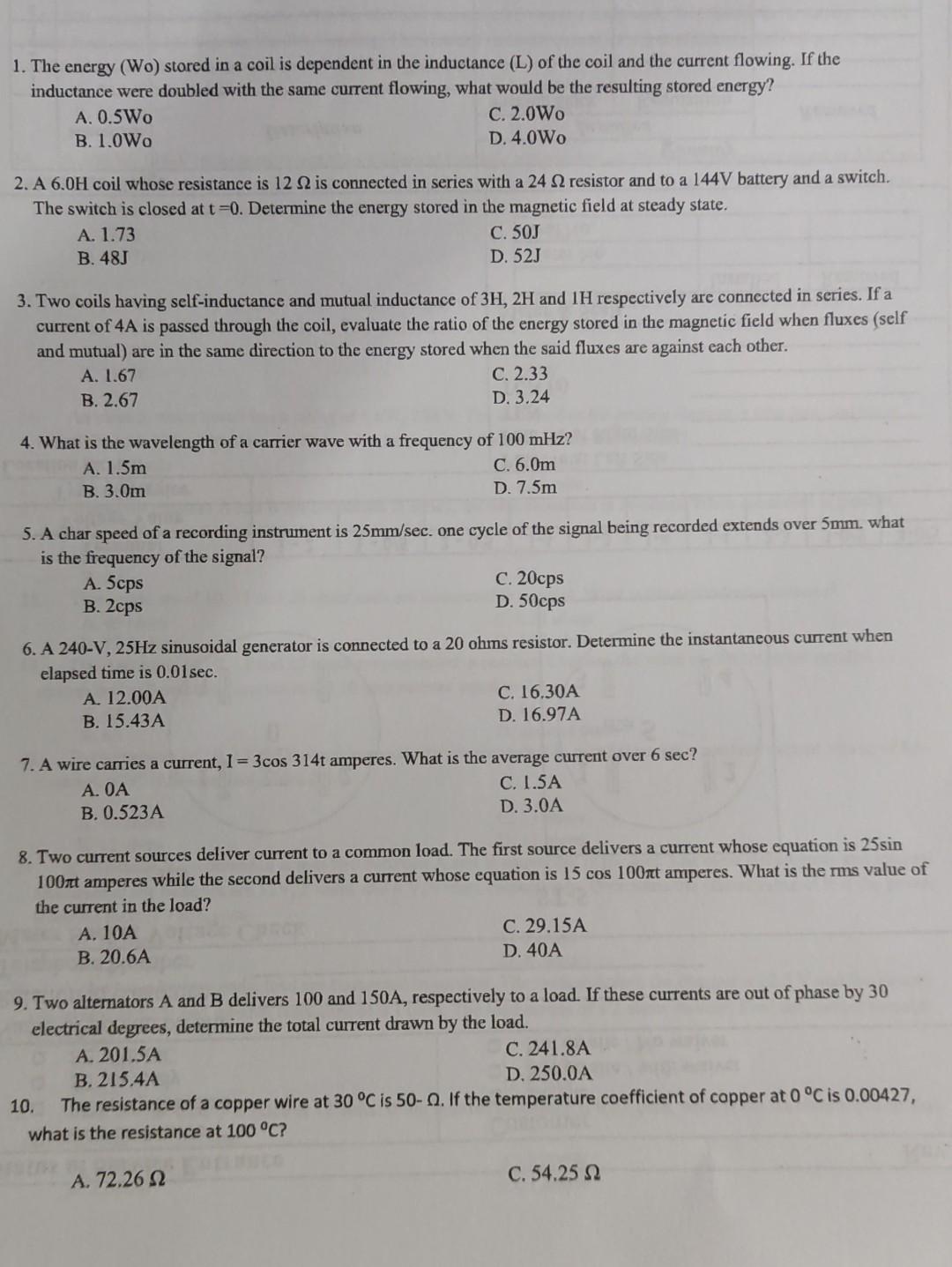 Solved 1. The energy (Wo) stored in a coil is dependent in