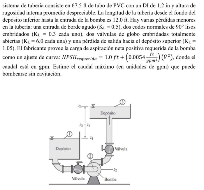 sistema de tubería consiste en \( 67.5 \mathrm{ft} \) de tubo de PVC con un DI de 1.2 in y altura de rugosidad interna promed