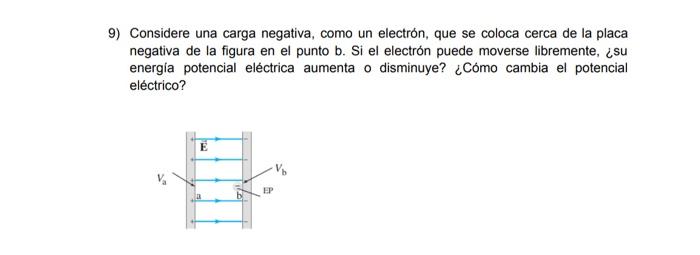 Considere una carga negativa, como un electrón, que se coloca cerca de la placa negativa de la figura en el punto b. Si el el