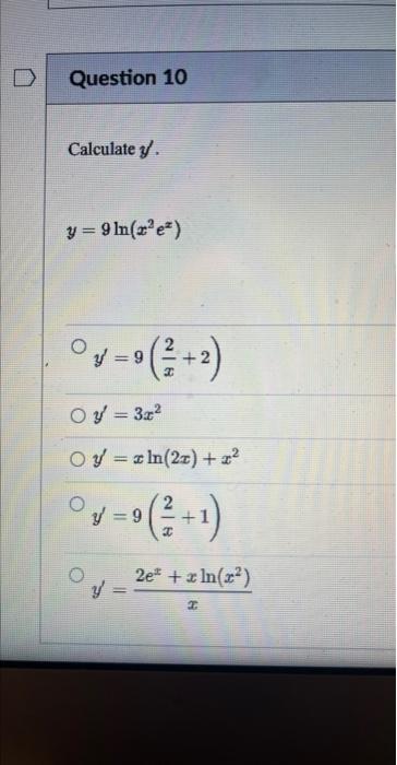 Solved Calculate Y Y 9ln X2ex Y′ 9 X2 2