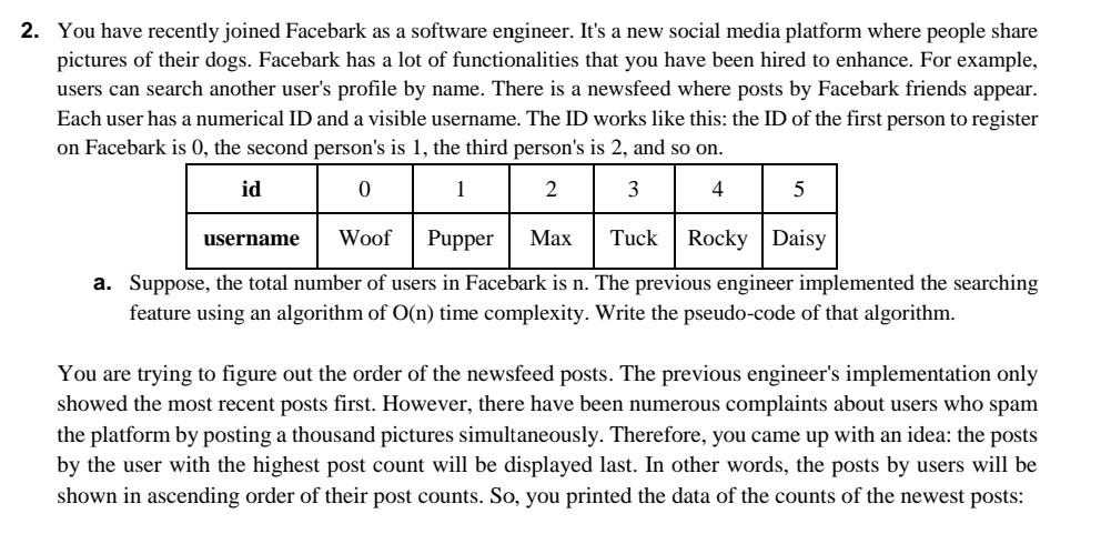 Solved 2. You have recently joined Facebark as a software | Chegg.com