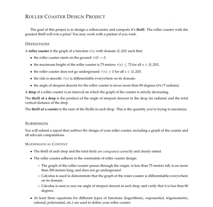 Solved ROLLER COASTER DESIGN PROJECT The goal of this